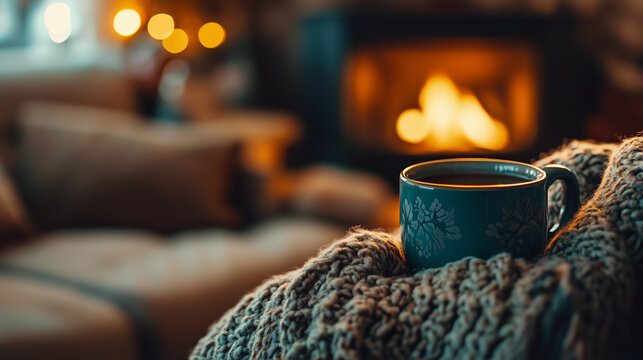 mug of hot tea stands on a chair with a blanket in a cozy living room with a fireplace