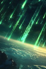 Mesmerizing Meteor Shower with Ethereal Bioluminescent Trails Across the Cosmic Night Sky