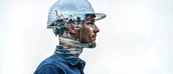 A double exposure of an engineer in a hard hat against a construction site, showcasing advanced photography techniques and HDR processing