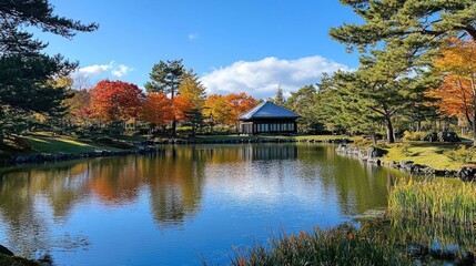 Fototapeta premium Tranquil landscape featuring a serene pond, autumn foliage, and a traditional structure.