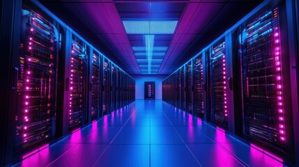 Rows of servers in a data center with blue and pink lighting.