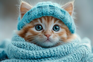 Adorable fluffy kitten in a knitted hat and scarf, perfect for holiday greeting cards, winter promotions, or winter-themed content.