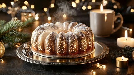Obraz premium Luxurious Three Kings cake with golden accents on an elegant silver platter, surrounded by festive decorations, candles, and a cup of steaming cocoa