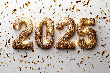 Elegant gold typography for 2025  with confetti falling 