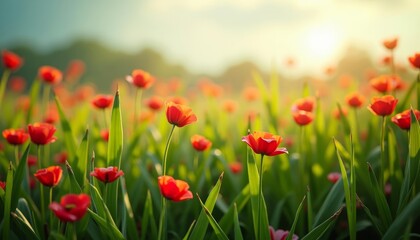 Fototapeta premium Blooming in the Sunlight A Field of Red Tulips