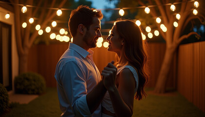 Couple Dancing Under String Lights in Garden