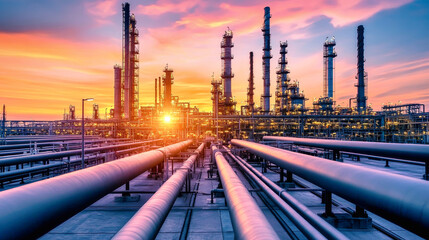 Sunset over an oil refinery showcasing industrial pipelines and equipment in a vibrant sky, captured with a wide-angle lens