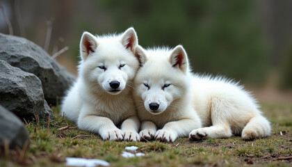 Obraz premium Two white puppies sitting on grass next to a rock.