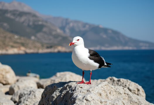 A seagull standing on rocks by the sea