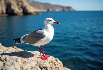 Fototapeta premium Seabird with Red Feet and Beak on Rocky Terrain
