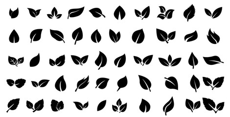 black hand drawn leaves set silhouettes icons