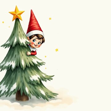 Playful little Elf in a Christmas hat peeking from behind a snowy tree with a star
