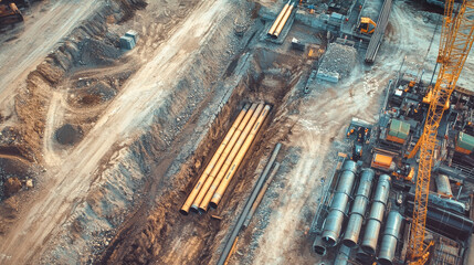 Aerial view of a long oil and gas pipeline under construction in an industrial trench with pipes laid above and below ground at a worksite