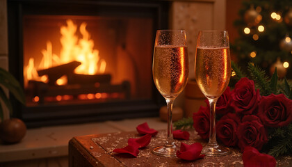 Romantic evening with two champagne glasses, roses, and fireplace in a cozy setting