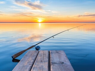 A serene sunset view over calm waters with a fishing rod resting on a wooden dock, creating a tranquil atmosphere.