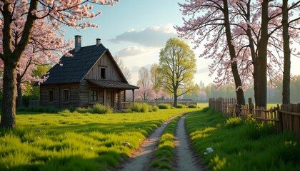 Obraz premium Idyllic rural retreat with blooming trees and a charming wooden cottage
