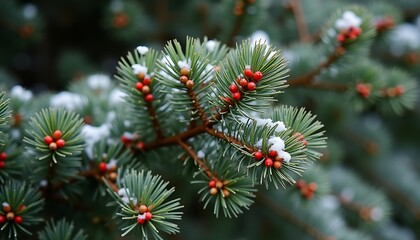 Snow-dusted evergreen branches with red berries in winter