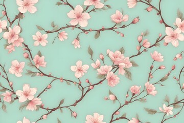 Elegant seamless pattern with cherry blossoms and vines in soft shades of pink and cream on a light, Ai Generated 
