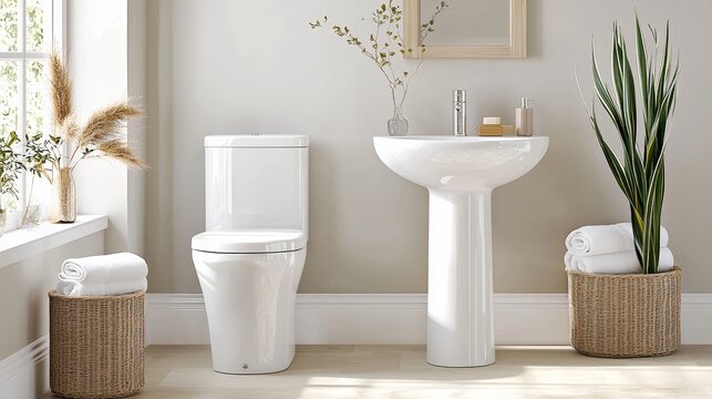 Bright, airy bathroom, simple white toilet unit, ceramic sink, earthy tones