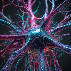 a futuristic neuron network inside the human brain, where vibrant blue, purple, and pink neurons
