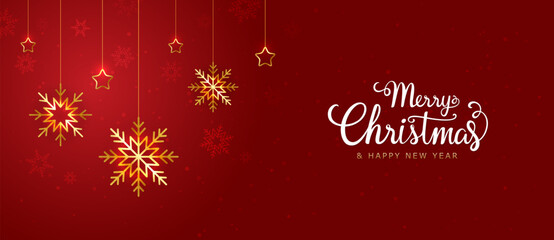 Naklejka premium Merry Christmas and happy new year background. Luxury golden snowflakes and stars hanging. Christmas element for web, banners, greeting card, flyer,cover, template design. Vector EPS10.