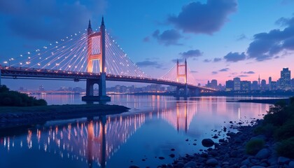 Naklejka premium Glowing cityscape at dusk with illuminated bridge and reflection