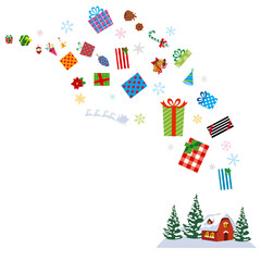 Fototapeta premium クリスマスのプレゼントが空か家に降り注ぐ様子