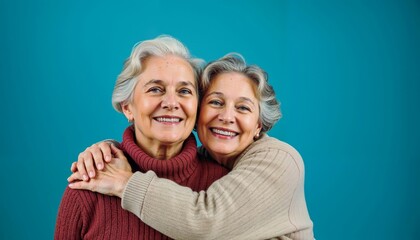 Beautiful senior women embracing and laughing against turquoise background. Genuine friendship and joy captured in natural studio portrait showing aging gracefully together