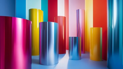 Fototapeta premium Vibrant aluminum cylinders adorn a pristine backdrop, their hues contrasting sharply against the blank canvas. The cylindrical containers are adorned with an array of colors