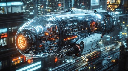 Naklejka premium Futuristic Humanoid Robot in Sleek Urban Cityscape Backdrop