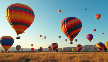 Obraz premium Colorful Hot Air Balloons Over Golden Field