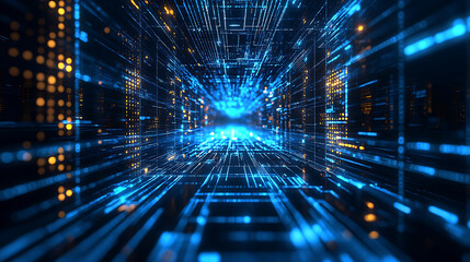 Abstract digital network circuit board background banner with glowing light and connecting data dots in blue and black colors. Big data technology concept.
