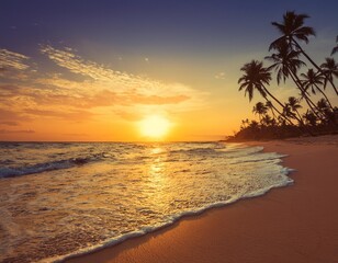Tropical Sunset Over a Remote Beach With Palm Trees Silhouetted Against the Golden Horizon, While the Ocean Waves Gently Lap the Shoreline Under a Vibrant Orange Sky