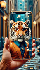 A person holding a smartphone displaying a stylized anthropomorphic business tiger gentleman in a suit wearing a magic pendant amulet on a cobblestone street at dusk