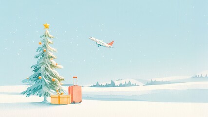 Christmas Holiday Travel concept. Christmas tree and luggage on snow-covered ground, airplane soaring across a winter sky