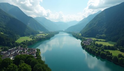 Obraz premium Tranquil mountain lake with picturesque village