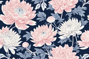 Japanese inspired peony and chrysanthemum pattern in soft pink white and navy blue, Ai Generated
