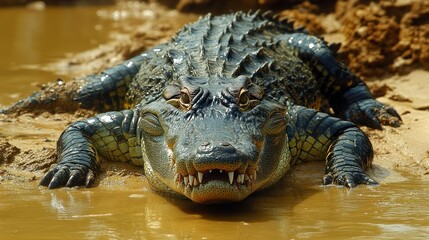 Obraz premium A close-up of a crocodile resting by the water's edge.