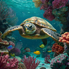 Obraz premium A fantastical 3D rendering depicts a sea turtle adorned with Klimt-inspired geometric patterns in shades of emerald green, coral pink, and turquoise. The turtle swims through a lush, abstract coral 