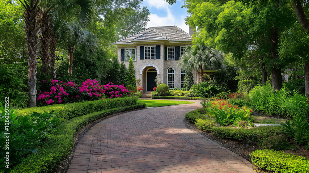 Poster a brick pathway surrounded by greenery leading to a classic home with symmetrical windows
