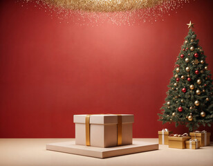 christmas decorations and display background, golden podium, christmas tree, gift box
