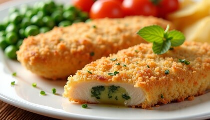  Deliciously goldenbrown breaded chicken with a creamy center served with fresh peas and cherry tomatoes
