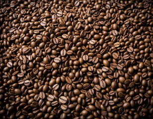 Roasted coffee beans falling on heap against brown background, closeup