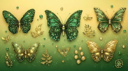 A radiant display of dazzling butterflies in hues of emerald green and gold, arranged across a background gradient that transitions from forest green to a soft yellow. 