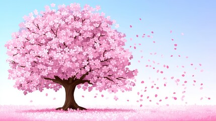 Obraz premium Beautiful Solitary Blooming Cherry Tree Under Spring Sky,, Anime Scenery with Soft Pink Petals