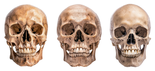 Human skull display museum anatomical study dark environment front view mortality concept