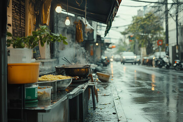 Cooking action at restaurant street stall urban environment food preparation scene rainy viewpoint for seo impact
