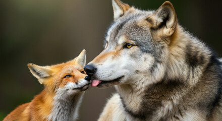 Fototapeta premium Friendship and love photos that don't require animal species (Gray wolf, red fox)