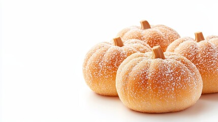 Delicate pumpkin-shaped buns with a golden crust, soft texture, dusted with a hint of flour, isolated on pure white for a clean presentation