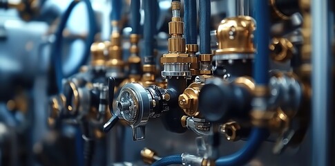 

Close-up of an industrial gas system with brass fittings
